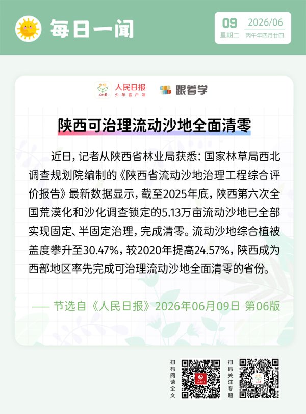 每日一闻丨陕西可治理流动沙地全面清零
