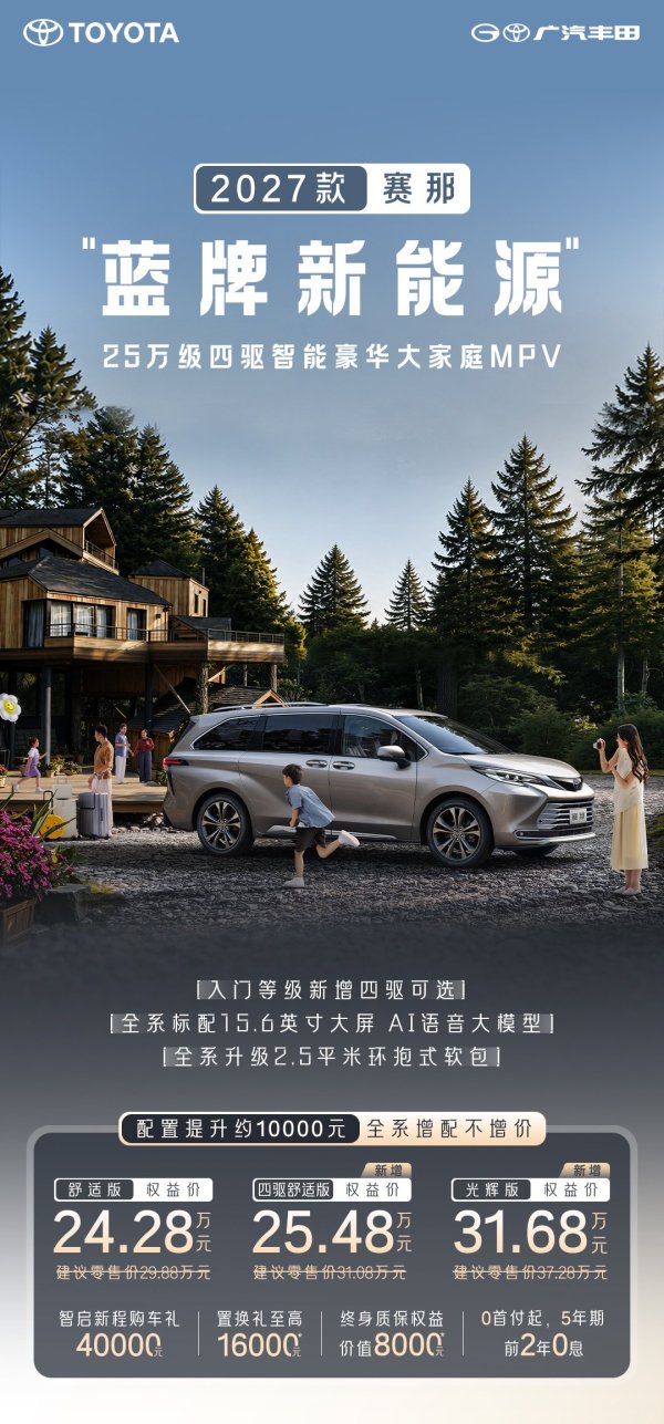 2027 款丰田赛那 MPV 上市：搭载华为 HMS for Car 与小米车端硬件接口，权益价 24.28 万元起
